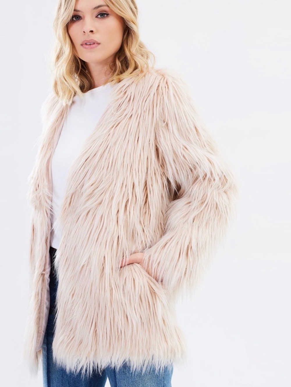 Lioness Portofino Faux Fur Coat XS/S Blush Cream Shaggy Oversized Mob Wife